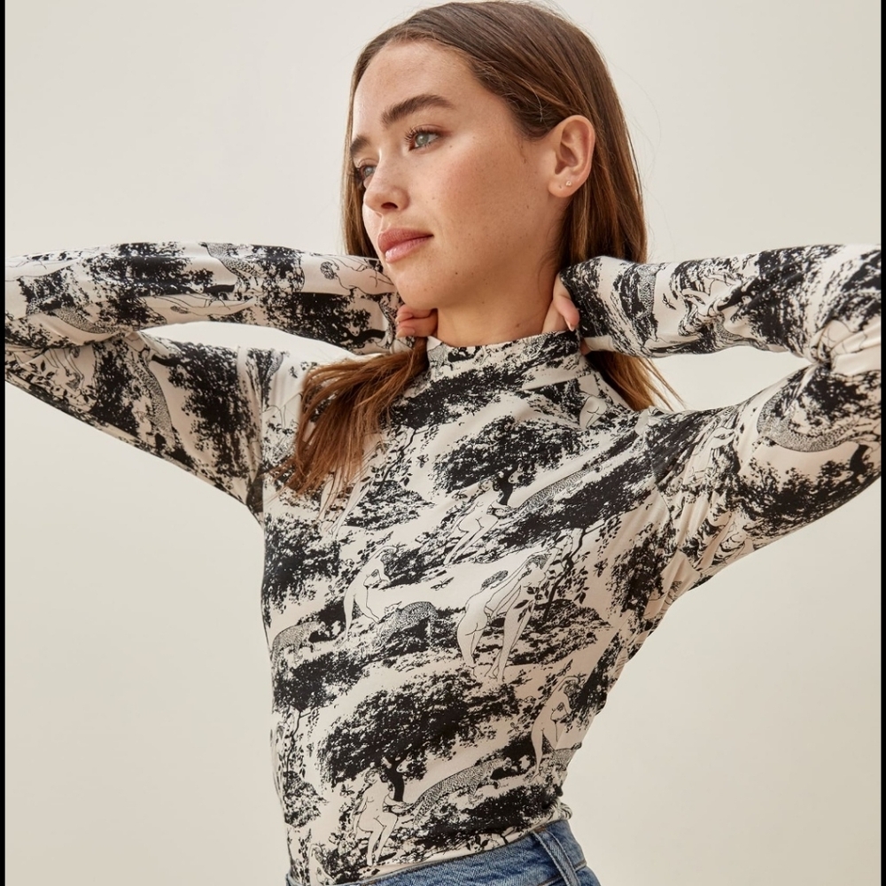Reformation Black and Off-White Mock Neck Long Sleeve Bailey Top
